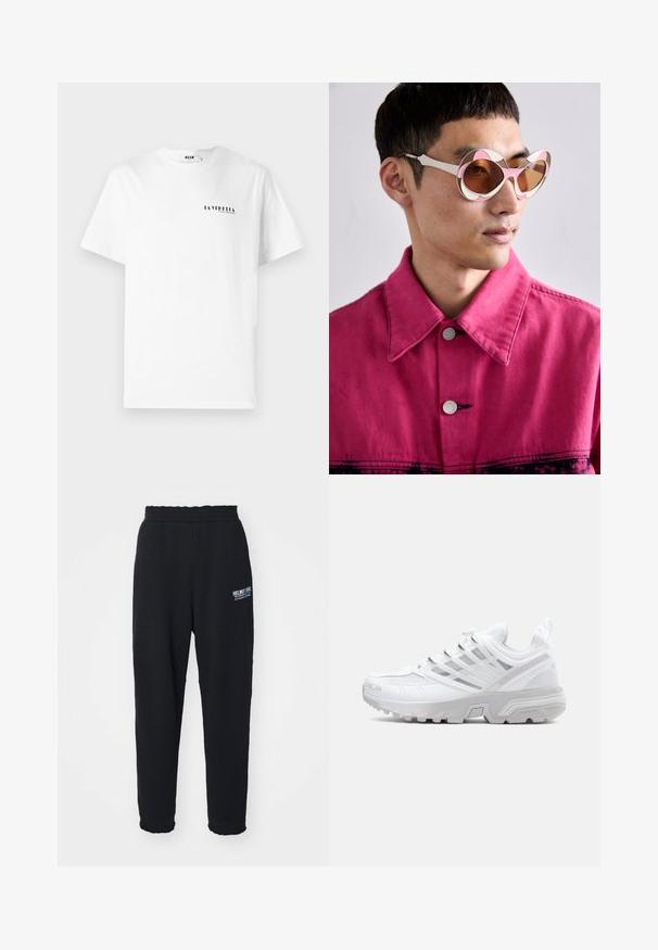 Weißes Baumwoll-T-Shirt mit Rundhalsausschnitt, versehen mit einem kleinen schwarzen grafischen Text "LA VEDDITA" auf der linken Brustseite.; Schwarze Sweatpants aus weichem Gewebe, mit einem elastischen Bund, schmal zulaufenden Beinen und einem kleinen weißen Logo auf der linken Seite.; Weiße Sportschuhe mit einer strukturierten Mesh-Oberfläche, schlankem Design, verstärkter Zehenpartie und silbernen Akzenten im Schnürsystem und der Zwischensohle.; Weiß-rosa oversized Sonnenbrille mit gebogener Fassung und braunen getönten Gläsern. Das Modell trägt eine pinke Jeansjacke mit Kragen.