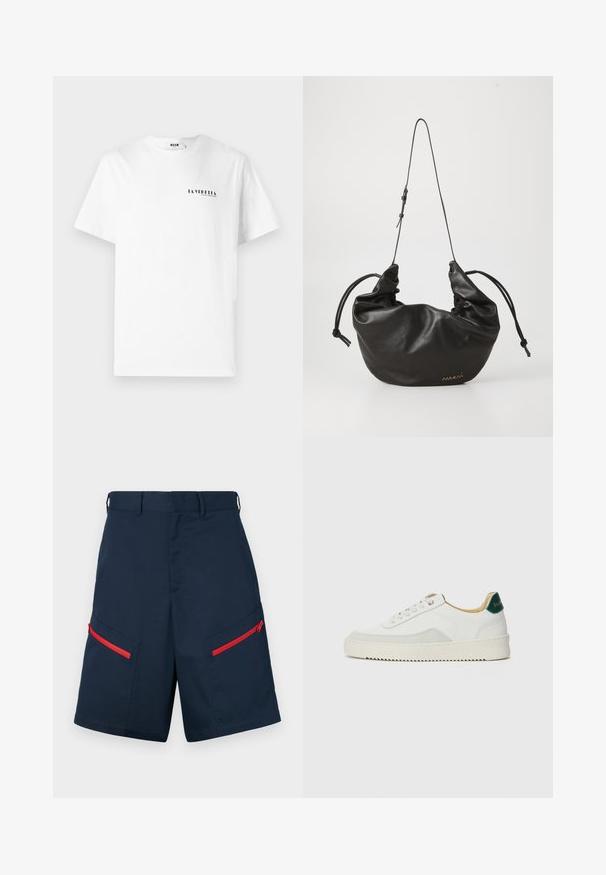 White cotton t-shirt with a crew neck, featuring a small black graphic text "LA VEDDITA" on the front left chest area.; Navy cargo shorts made from fabric featuring two zippered pockets with red accents, flat front, and stitched detailing.; White sneaker with suede accents, rounded toe, flat laces, and a cream rubber sole. Features green branding on the heel.; Black soft leather shoulder bag with adjustable thin strap, gathered sides tied with knots, and small gold logo on front bottom right.
