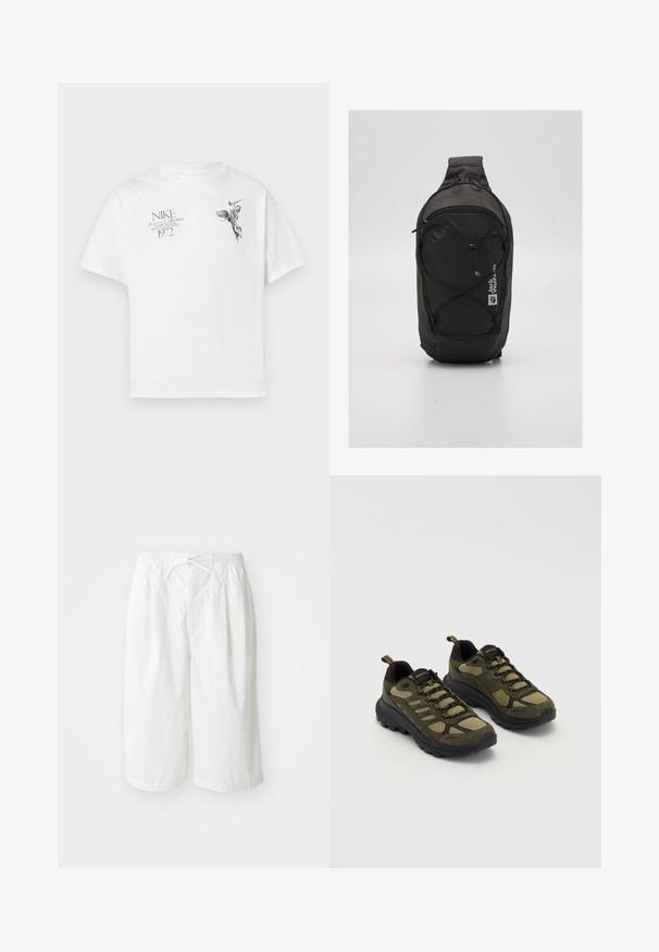 Hvit bomull t-skjorte med svart grafisk trykk av en bevinget figur og tekst, med rund hals og korte ermer.; Hvite shorts med elastisk midjebånd og snor, vist mot en enkel lys bakgrunn. Egnet for casual eller varmt vær.; Grønne og svarte treningssko med en teksturert overdel, mesh-paneler, solid såle, og snøring med reforsterte tær og hæl.; Svart ryggsekk med et strømlinjeformet design, laget av slitesterkt stoff. Har en glidelåslomme, elastiske snor detaljer og logo.
