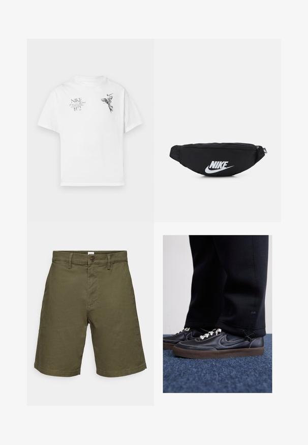 Balts kokvilnas T-krekls ar melnu grafisku druku, kurā attēlots spārnots figūra un teksts, ar apaļu kaklu un īsām piedurknēm.; Olu zaļas šorti, izgatavoti no kokvilnas, ar pogu aizdari. Iespējas: plakans priekšpuse, īss garums un redzamas šuves detaļas.; Nike Sportswear KILLSHOT 2 LTR PRM OPP2 - Treniņu apavi - black sail baroque brown mtlc dk grey; Melnas neilona jostas somiņa ar rāvējslēdzēja aizdari, kurai ir liels balts Nike logo. Gluda tekstūra un ergonomisks dizains ērtai valkāšanai.