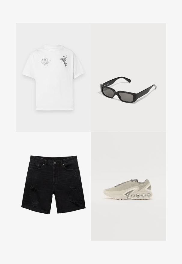 Bela bombažna majica s črnim grafičnim potiskom krilate figure in besedilom, z okroglim izrezom in kratkimi rokavi.; Črni denim kratke hlače s sproščenim fitom, ki vsebujejo obrabljene podrobnosti, zasnovo s petimi žepi in zavihane robove.; Svetlosivi športni čevlji z zgornjim delom iz teksturiranega mrežastega materiala, ukrivljenim dizajnom, debelim belim srednjim podplatom in prozornimi elementi zračne amortizacije v peti.; Črne pravokotne sončne očala z sivo obarvanimi lečami, izdelana iz gladke plastike. Imajo minimalističen dizajn z ravnimi ročaji in subtilnim znamčenjem.