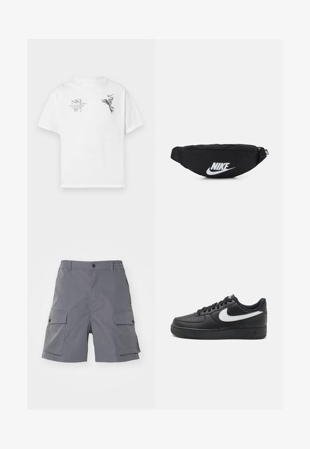 T-shirt in cotone bianco con stampa grafica nera di una figura alata e testo, con collo tondo e maniche corte.; Carhartt WIP BALTO - Shorts - graphite; Sneaker Nike Air Force 1 nere con tomaia in pelle liscia, accentuato da un logo bianco, punta perforata e suola in gomma testurizzata.; Marsupio nero in nylon con chiusura zip, caratterizzato da un grande logo Nike bianco. Texture liscia e design ergonomico per un'indossabilità confortevole.