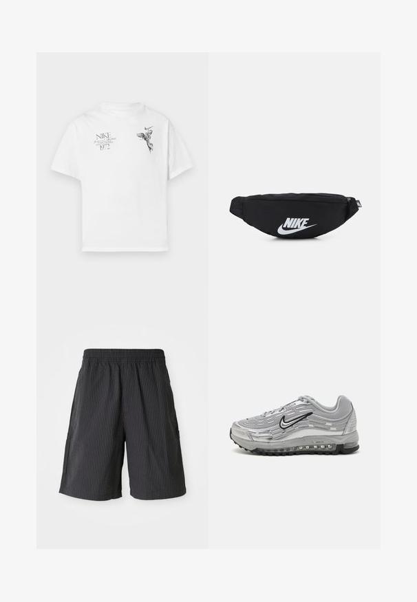 Witte katoenen t-shirt met een zwarte grafische print van een gevleugeld figuur en tekst, met een ronde hals en korte mouwen.; Zwarte shorts met een gestructureerd, geribbeld ontwerp, elastische tailleband en twee zijzakken. Casual stijl, lengte boven de knie.; Grijze Nike Air Max sneakers met een bovenwerk van gaas en synthetisch materiaal, golfachtig ontwerp, zwarte accenten en een zichtbare luchtkussening.; Zwarte nylon heuptas met een ritsluiting, voorzien van een groot wit Nike-logo. Soepele textuur en ergonomisch ontwerp voor comfortabel dragen.