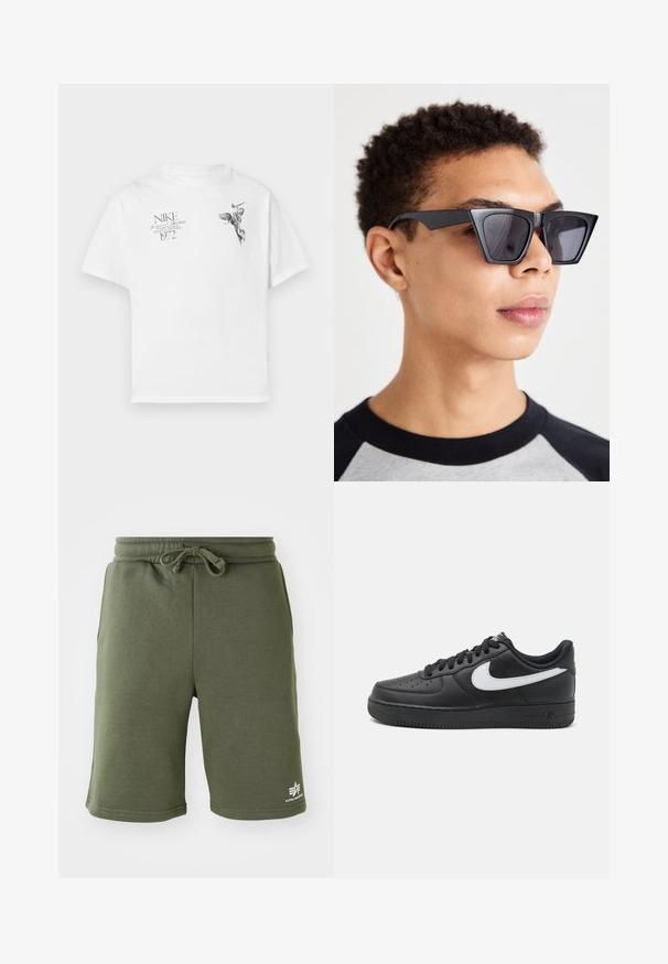 Vit bomull t-shirt med en svart grafisk tryck av en bevingad figur och text, med rund hals och korta ärmar.; Olivgröna bomullsshorts med elastisk midja och dragsko. Har sidfickor och en liten logotyp på nedre benet.; Svarta Nike Air Force 1-sneakers med en slät läderövre del, vit logotypdetalj, perforerad tå och strukturerad gummisula.; Svarta kantiga solglasögon med mörka linser, med en djärv geometrisk design och en matt yta. Bärs av en person med kort hår.