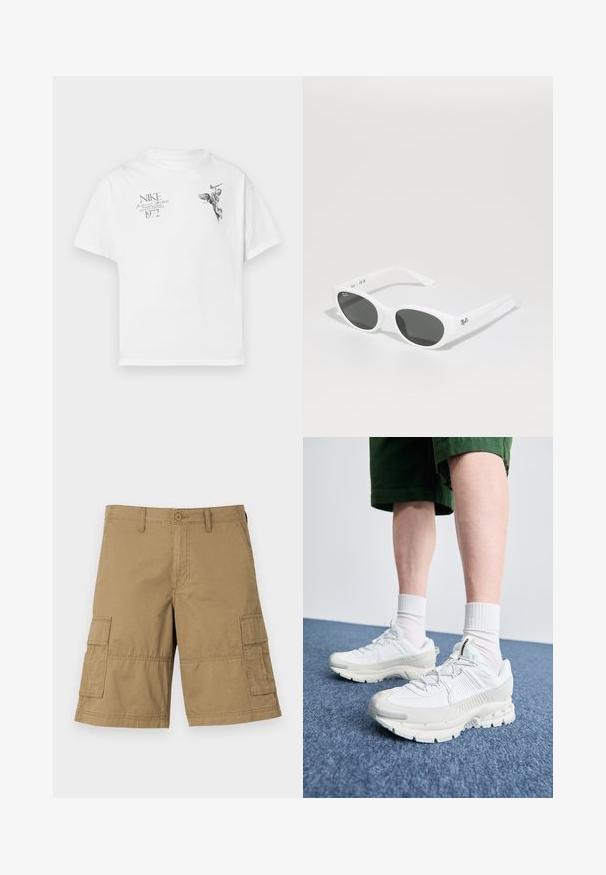 T-shirt en coton blanc avec un imprimé graphique noir d'une figure ailée et du texte, avec un col rond et des manches courtes.; Shorts cargo en tissu kaki avec une coupe droite, dotés de deux poches latérales et d'une fermeture à bouton à la taille. Texture lisse sur l'ensemble.; Des chaussures de sport blanches avec des superpositions texturées, une semelle épaisse et des accents gris. Portées avec des chaussettes blanches et des shorts verts sur une surface bleue.; Lunettes de soleil blanches avec des montures arrondies et des verres foncés. Possède une texture en plastique lisse et un petit logo sur la branche.; Collier en perles blanches avec une forme ronde uniforme, surface lisse et fermoir en métal avec une chaîne d'extension pour une longueur ajustable.