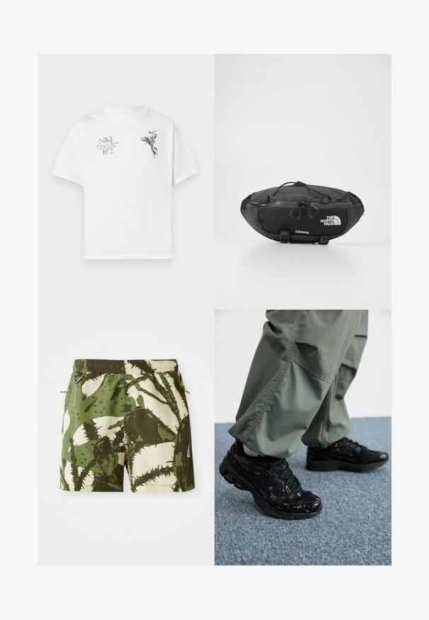 T-shirt de algodão branco com uma impressão gráfica preta de uma figura alada e texto, com decote redondo e mangas curtas.; Calções de banho verdes e bege com padrão de cactos, cintura elástica, cordão de ajuste e bolsos laterais. Tecido durável com acabamento texturizado.; Sapatilhas desportivas pretas com texturas brilhantes e de malha, apresentando uma sola grossa e atacadores, combinadas com calças cargo largas de cor verde-oliva.; The North Face TERRA LUMBAR 3L UNISEX - Bolsa de cintura - asphalt grey/black