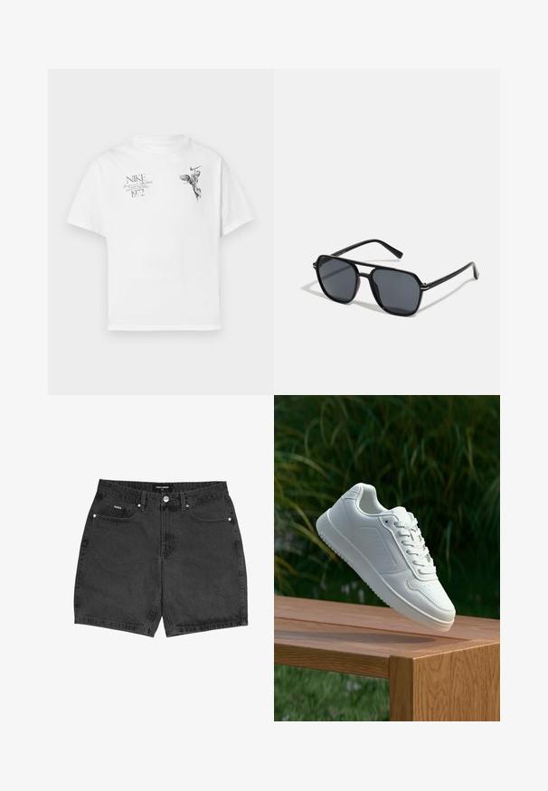 Balts kokvilnas T-krekls ar melnu grafisku druku, kurā attēlots spārnots figūra un teksts, ar apaļu kaklu un īsām piedurknēm.; Melnas džinsus šortus ar taisnu griezumu, pieciem kabatām un pogu aizdari. Iezīmējas ar smalkiem šuvju elementiem un teksturētu audumu.; Baltie sporta apavi ar gludu sintētisku augšpusi, perforētu pirkstu daļu, plakani šņorēm un rakstainu zoli, novietoti uz koka virsmas.; Melnas saules brilles ar astoņstūra rāmī, tumšiem stikliem, spīdīgu apdari, plānām kājām un zelta akcentiem priekšpusē.