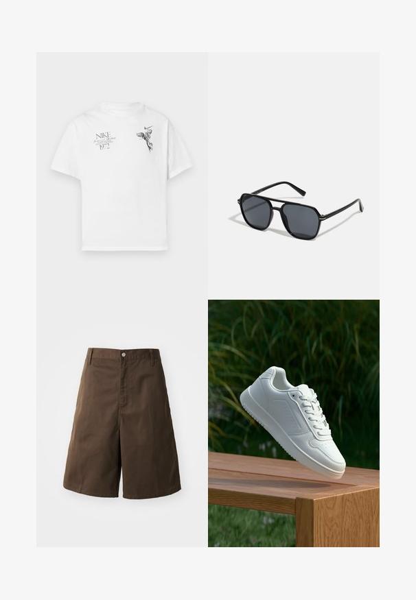 Weißes Baumwoll-T-Shirt mit einem schwarzen Grafikdruck eines geflügelten Figures und Text, mit Rundhalsausschnitt und kurzen Ärmeln.; Braune Baumwollshorts mit geradem Schnitt, featuring Knopfverschluss, Gürtelschlaufen und ohne sichtbare Muster oder Akzentuierungen.; Weiße Sneaker mit einem glatten, synthetischen Obermaterial, perforierter Zehenbox, flachen Schnürsenkeln und einer strukturierten Sohle, präsentiert auf einer Holzoberfläche.; Schwarze Sonnenbrille mit achteckigem Rahmen, dunklen Gläsern, glänzender Oberfläche, dünnen Bügeln und goldenen Akzenten auf der Vorderseite.