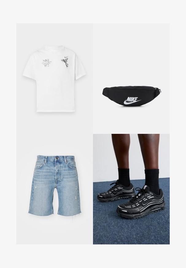 Balts kokvilnas T-krekls ar melnu grafisku druku, kurā attēlots spārnots figūra un teksts, ar apaļu kaklu un īsām piedurknēm.; Gaiši zilie džinsu šorti ar augstu jostasvietu, saplēstu apakšmalu, izsistām detaļām un piecu kabatu dizainu. Klasisks pogas un rāvējslēdzēja aizdare.; Melni Nike apavi ar sietveida augšdaļu, akcentējošām svītrām, teksturētām šņorēm un melnu gumijas zoli. Valkāti ar melniem ribota auduma zeķēm.; Melnas neilona jostas somiņa ar rāvējslēdzēja aizdari, kurai ir liels balts Nike logo. Gluda tekstūra un ergonomisks dizains ērtai valkāšanai.