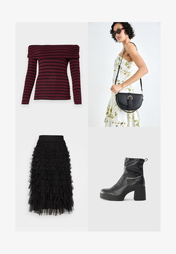 Top burgundy cu umeri goi, cu mâneci lungi și dungi orizontale negre, având un guler gathered și o siluetă ajustată. Textură a materialului moale.; Fustă neagră tip multilayer, cu un brâu elastic, mai multe straturi de volane adunate și o textură moale de tul, care creează volum și mișcare.; Bocanci negri de glezna din piele netedă, cu fermoar lateral, toc texturat și masiv, și design cu vârf rotund.; Geantă din piele neagră, cu o formă curbată, curea detașabilă și accesorii aurii. Geanta are un capac cu un detaliu tip cataramă.