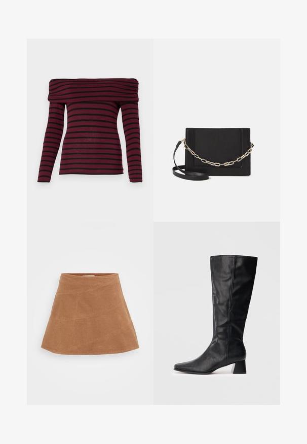 Burgundinės off-shoulder ilgomis rankovėmis palaidinė su juodomis horizontaliomis juostelėmis, turinti susirinkusią apykaklę ir prigludusią siluetą. Minkštas audinys.; Ruda korduroy mini sijonas su iškilusia forma, siuvinėtas įstrižais siūlais ir turintis lygų paviršių. Viršuje plokščias liemens diržas.; Juodas odinis vidutinio ilgio botas su smailiu kojų pirštu ir blokuotu kulnu ant vienspalvio šviesaus fono.; Juodas odinis per petį nešiojamas krepšys turi lygų paviršių, stačiakampio formą ir metalinę grandinėlę priekyje. Pridedama reguliuojama dirželis.