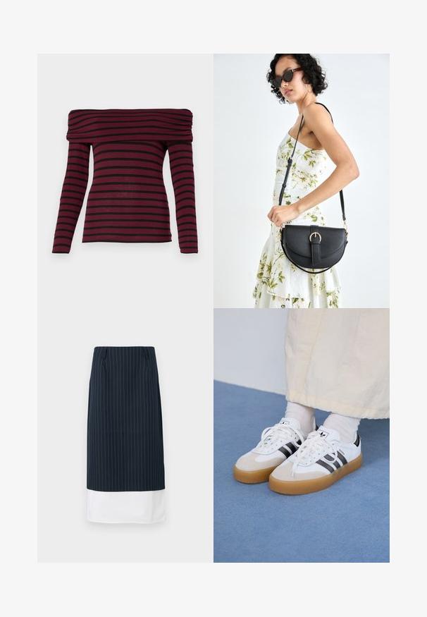 Blusa de manga longa bordô sem ombros com riscas horizontais pretas, apresentando um decote drapeado e uma silhueta ajustada. Textura de tecido suave.; Saia azul-marinho riscada, com uma bainha branca em camadas, apresentando um design reto e pregas frontais discretas. Feita de um tecido suave.; Ténis brancos com riscas pretas e detalhes em camurça bege. Apresentam uma sola de borracha texturizada e atacadores brancos lisos, usados com meias de tom claro.; Bolsa de couro preta com forma curva, alça destacável e detalhes em dourado. A bolsa possui uma aba com detalhe de fivela.