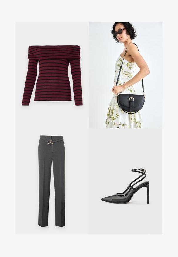 Bordeaux off-shoulder langærmet top med sorte vandrette striber, som har en indsamlet hals og en tætsiddende silhuet. Blød stofstruktur.; Mørkegrå skræddersyede kvindebukser med lige ben og et tyndt matchende bælte med en guldfarvet spænde.; Sort højhælet pumpe med spids tå, kombination af net- og laklæder, ankelrem med spænde detaljer, slankt silhouet.; Sort læderhåndtaske med en buet form, aftagelig rem og guldfinish. Tasken har en klap med en spænde detalje.