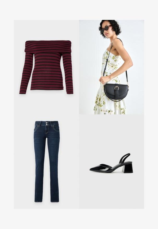 Blusa de manga longa bordô sem ombros com riscas horizontais pretas, apresentando um decote drapeado e uma silhueta ajustada. Textura de tecido suave.; Jeans skinny azul-escuro com fecho de botão duplo, bolsos frontais e costura amarela sobre um fundo branco.; Sandy em verniz preto com salto slingback, ponta afilada e salto geométrico. Apresenta um design elegante e minimalista com textura suave.; Bolsa de couro preta com forma curva, alça destacável e detalhes em dourado. A bolsa possui uma aba com detalhe de fivela.