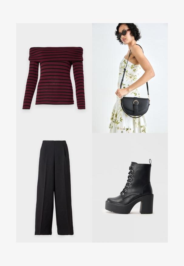 Burgundská off-shoulder blúzka s dlhým rukávom a čiernymi horizontálnymi prúžkami, s gumičkovým výstrihom a priliehavým strihom. Mäkká textúra tkaniny.; Čierne široké nohavice s hladkou textúrou, vysokým pásom a prednými záhybmi, ktoré zabezpečujú elegantný vzhľad a dostatok pohybu.; Čierne kožené členkové topánky s objemným blokovým podpätkom, šnurovaním vpredu a textúrovým povrchom. Obsahuje pútko na zadnej strane pre jednoduché obúvanie.; Čierna kožená kabelka s zaobleným tvarom, odnímateľným popruhom a zlatými doplnkami. Kabelka má klopu s detailom s prackou.