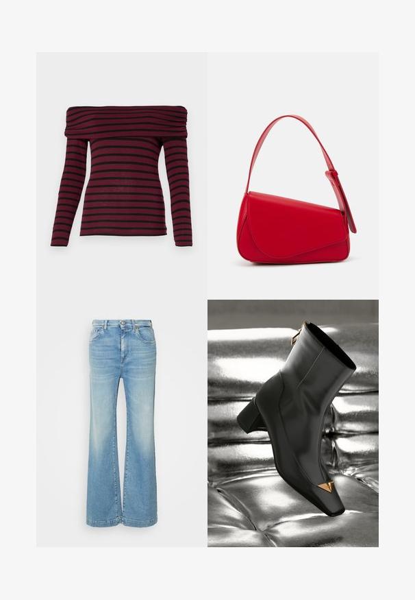 Burgundska off-shoulder majica s dolgimi rokavi in črnimi vodoravnimi črtami, z nabranim dekoltejem in oprijetim silhuetom. Mehka tekstura tkanine.; Svetlo modri široki traper hlače z zbledelim pranjem, dvema sprednjima žepoma in gumbnim zapiranjem. Imajo raven kroj in minimalne detajle šivanja.; Črne usnjene gležnjače s kvadratnim nosom, z zlatnim trikotnim okrasom in srednje visokim peto. Gladka tekstura na sijoči srebrni podlagi.; Rdeča usnjena torba z angularnim, geometrijskim dizajnom. Ima en samostoječ nastavljiv ročaj in pokrov, zaprt z zapiranjem, ki je okrašen s šivi.