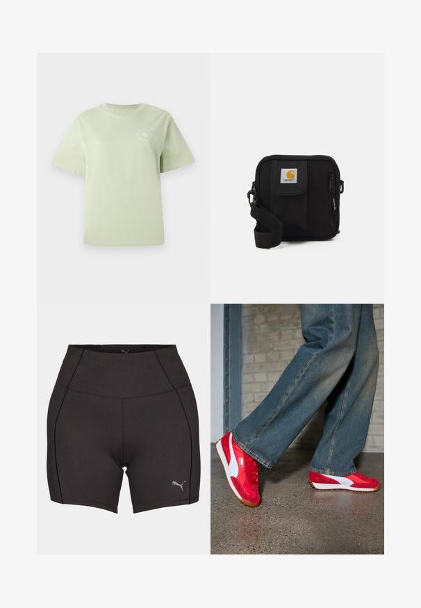 Light green cotton t-shirt with a round neckline, short sleeves, and a circular graphic print on the chest. Soft texture, relaxed fit.; Puma STUDIO FOUNDATIONS BIKER - Leggings - black; Red and white athletic shoes with a retro design, featuring a suede and mesh upper, a flat rubber sole, and textured accents.; Black crossbody bag with a zippered main compartment, front pocket, adjustable strap, and a visible logo patch on the flap.