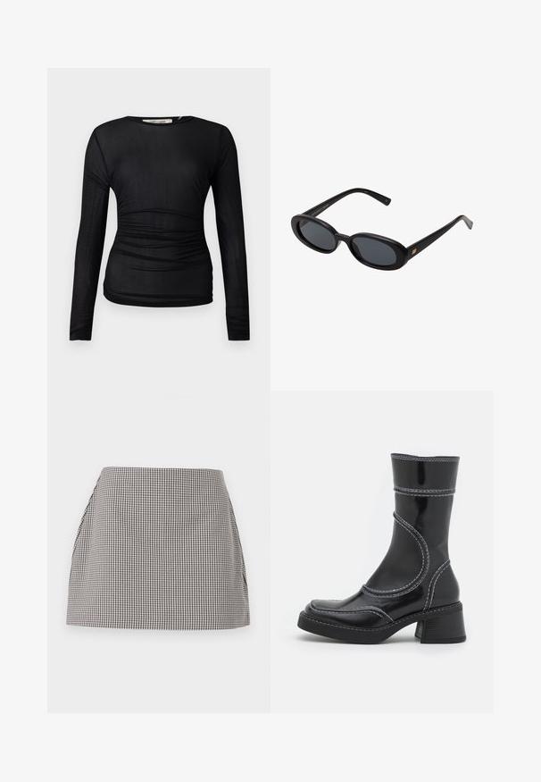 Schwarzes Langarmoberteil aus einem transparenten, dehnbaren Stoff. Mit Raffung an den Seiten und einem Rundhalsausschnitt.; Schwarz-weißer Gingham-Rock mit geradem Schnitt, gepaarten Seiten und glatter Textur. Der Stoff weist ein kleines Karomuster auf.; Schwarze Lackleder-Ankle Boots mit weißen Nähten, abgerundeter Zehe und Blockabsatz. Besitzt geschwungene Designlinien und eine glatte Textur.; Schwarze, oversized Sonnenbrillen mit ovalen Gläsern, glattem Kunststoffrahmen und goldenen Akzenten an den Bügeln. Die dunklen Gläser bieten Sonnenschutz.; Dunkelblaues Tragetasche aus strukturiertem Stoff, mit schwarzen Ledergriffen und goldenen Hardware-Details. Reißverschlussverschluss an der Oberseite.