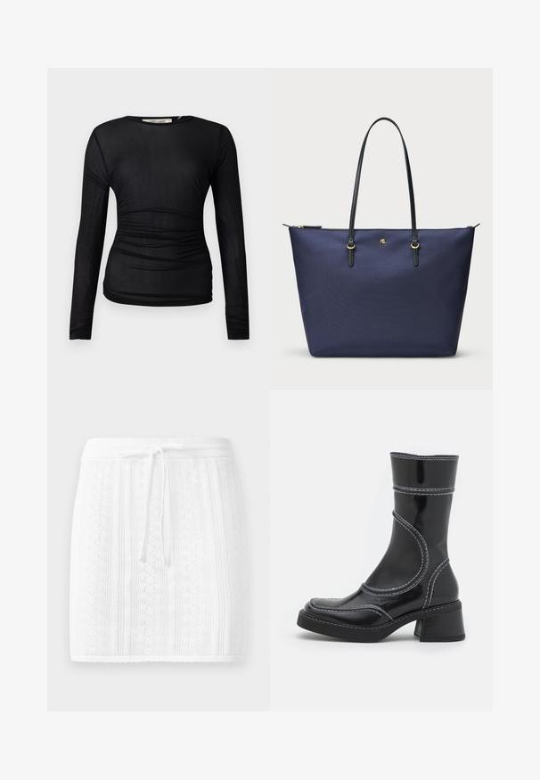 Fekete, hosszú ujjas felső áttetsző, rugalmas anyagból. Oldalán ráncolt részletek találhatók, és kerek nyakkivágású.; Fehér kötött szoknya texturált mintával és függőleges csíkokkal; húzózsinórral ellátott derékkal és fodros szegéllyel rendelkezik.; Fekete lakkbőr bokacsizma fehér varrással, kerek orral és blokk sarkal. Görbült formai vonalakkal és sima textúrával rendelkezik.; Tengerészeti kék vászontáska strukturált anyagból, fekete bőr fogantyúkkal és arany színű fém kiegészítőkkel. Cipzáras záródás a tetején.