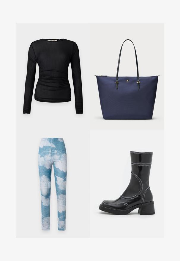 Must have pikkade varrukatega pluus, mis on valmistatud läbipaistvast, venivast kangast. Küljel on kokkurüüping ja ümmargune kaelus.; Leggingid, millel on sinine teksakangas valgete pilvemustritega. Kangas näeb välja veniv ja sobib keha järgi, ulatudes pahkluuni.; Must must pikkade säärega, musta lakknahast jalats, valgete õmblustega, ümarate varvaste ja plokk-kandadega. Omab kõveraid disainijoontesid ja siledat pindmääret.; Tumed sinine kott, mis on valmistatud tekstureeritud kangast, mustade nahkade käepidemete ja kuldsete detailide aksessuaaridega. Ülemine lukuga sulgemine.