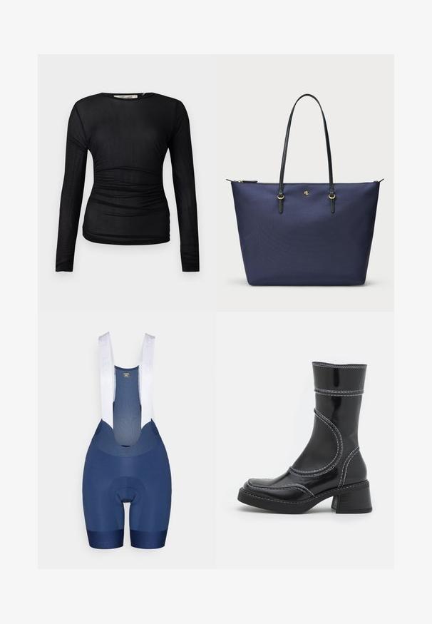 Juodas ilgomis rankovėmis viršus, pagamintas iš permatomo, elastingo audinio. Papuoštas susiraukšlėjimu iš šonų ir turi apvalų iškirpimą.; Jūrų (navy) spalvos dviratininkų šortai su baltais reguliuojamais petnešomis, paminkštinta sėdyne ir lygiu audinio paviršiumi. Yra logotipo detalė ant kojos krašto.; Juodo lakuoto odos kulkšninis batas su baltomis siūlėmis, apvaliu pirštu ir blokuotu kulnu. Ypatinasi išlenktomis dizaino linijomis ir lygia tekstūra.; Tamsiai mėlyna pirkinių lagaminas, pagamintas iš tekstūruotos medžiagos, su juodais odiniais rankenėlėmis ir auksiniais akcentais. Užtrauktuko uždarymas viršuje.