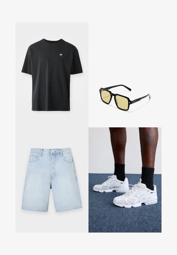 Zwarte katoenen T-shirt met korte mouwen, ronde hals, met een klein rechthoekig logo met "NIKE AIR" in het wit op de linkerborst.; Lichtblauwe denim shorts met een rechte snit, voorzien van voorzakken, een knoopsluiting en casual stiksels. Glad textuur zonder patronen.; Witte sportieve schoenen met een bovenkant van mesh, gemêleerde accenten en een gevoerde zool. Samengesteld met zwarte geribde enkelsokken op een blauwe tapijtvloer.; Vierkante zonnebril met een dik zwart montuur, geel getinte glazen en groen gemêleerde accenten op de pootjes. Heeft een glanzende afwerking.