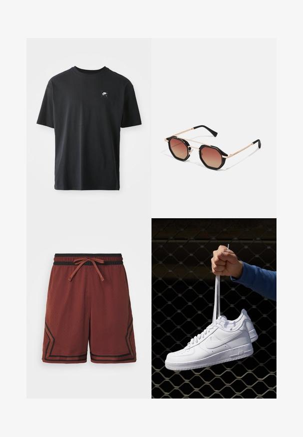 Musta puuvillapaita lyhyillä hihoilla, ympyräkaula-aukolla, jossa on pieni suorakulmainen logo, jossa lukee "NIKE AIR" valkoisella vasemmassa rinnassa.; Punaiset urheilusortsit, jotka on valmistettu hengittävästä kankaasta. Niissä on musta joustava vyötärö, jossa on naru, ja kontrastiväriset raidat sivuilla.; Valkoiset nahkasneakersit, joissa on rei'ityksiä, pyöreä kärki, tasapohja ja paksut nauhat, joissa on näkyvä swoosh-logo ja "AIR" kantapäässä.; Hawkers PIERRE GASLY - Aurinkolasit - gold