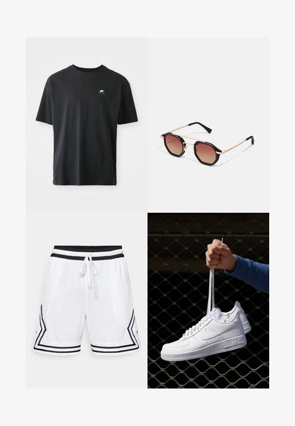 Svart bomullströja med korta ärmar, rundad halsringning, med en liten rektangulär logotyp med "NIKE AIR" i vitt på vänster bröst.; Vita idrottsshorts gjorda av perforerat tyg. Har svart elastisk midja med dragsko och svarta sidosträck i ett chevronmönster.; Vita lädersneakers med perforeringar, rund tå, platt sula och tjocka snörning, med en synlig swoosh-logga och "AIR" på hälen.; Hawkers PIERRE GASLY - Solglasögon - gold