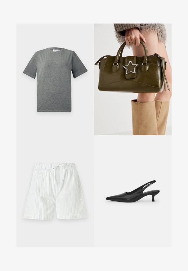 T-shirt gris à manches courtes en mélange de coton doux. Encolure ronde, coupe décontractée avec une texture lisse et un design minimaliste.; Shorts pour homme en tissu léger, avec des rayures verticales bleu clair et blanches, dotés d'une taille élastique et d'un cordon de serrage.; Chaussure slingback en cuir noir avec un bout pointu et un talon fin et incurvé. Dispose d'une sangle ajustable discrète avec une boucle en métal.; Sac à main en simili cuir vert olive avec accent étoilé argenté, deux poignées et fermeture éclair. Surface texturée et forme structurée.