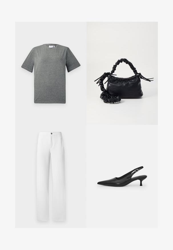 Šedé tričko s krátkým rukávem vyrobené z měkké bavlněné směsi. Klasický kulatý výstřih, volný střih s hladkou texturou a minimalistickým designem.; Bílé kalhoty vyrobené z hladké tkaniny, s přímým střihem, jedním knoflíkem na zapínání a bočními kapsami. Jednoduché a čisté provedení.; Černá kožená nazouvací bota se špičatou špičkou a štíhlým zakřiveným podpatkem. Obsahuje diskrétní nastavitelný pásek s kovovou sponou.; Černá kabelka z umělé kůže s krokodýlím vzorem, staženým vrškem a zmačkaným popruhem. Zdá se, že má měkký a kompaktní design.