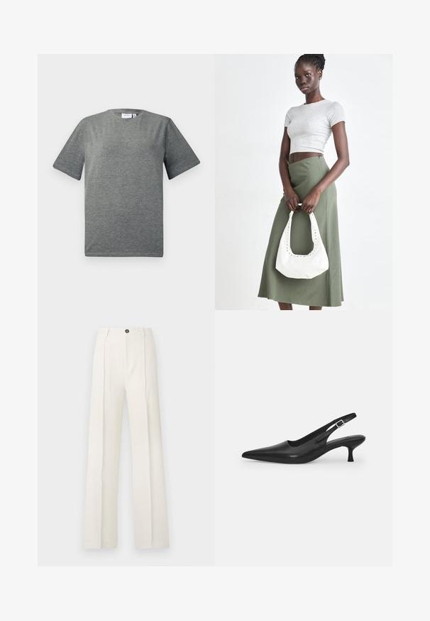 Harmaa, lyhythihainen t-paita, joka on valmistettu pehmeästä puuvillasekoitteesta. Pyöreä pääntie, rento istuvuus ja sileä rakenne, jossa on minimaalinen muotoilu.; Valkoiset, leveälahkeiset housut, joissa on korkea vyötärö, kaksi etupuolelle ommeltua laskostusta, yksinkertainen nappisulku ja taskut. Sujuva kangas.; Mustan nahkainen slingback-kengät, joissa on terävä nenä ja kapea, kaareva korko. Varustettu huomaamattomalla säädettävällä hihnalla, jossa on metallinen solki.; Harmaa ribbattu crop-top ja oliivinvihreä korkeavyötäröinen hame. Malli pitää valkoista olkalaukkua, jossa on leikattu yksityiskohtia. Yksinkertainen muotoilu, vartalonmyötäinen siluetti.