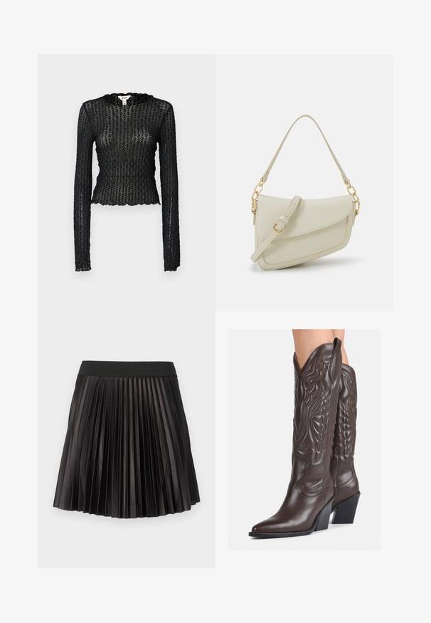 Črn dolg rokav vrh, izdelan iz teksturirane čipke, s skodranim izrezom in prilegajočim krojem ter skrajšano silhueto.; Črna plisirana krila z širokim, elastičnim pasom in gladko, sijočo teksturo po vsej tkanini.; Rjave usnjene kavbojske čevlje z ostrim nosom in blok peto, ki vsebujejo podrobno šivanje in dvignjene dodatke na zgornjem delu.; Mala kremna torbica z teksturiranim zaključkom, dolgim nastavljivim trakom, verižnim poudarkom in zapiranjem na poklop. Detajli iz zlatega kovinskega materiala.