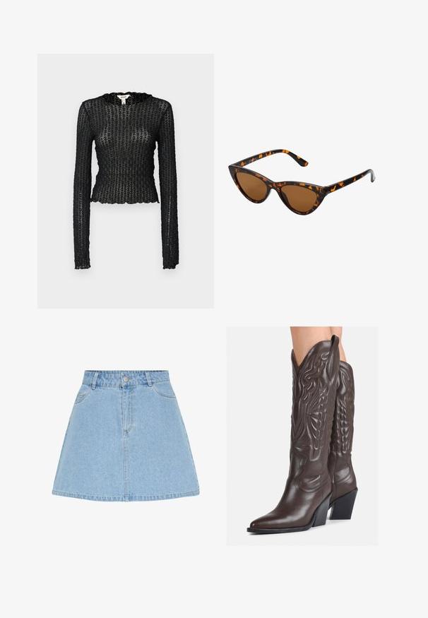 Črn dolg rokav vrh, izdelan iz teksturirane čipke, s skodranim izrezom in prilegajočim krojem ter skrajšano silhueto.; Svetlo moder jeans krilo z razširjenim krojem, visokim pasom, sprednjimi žepi in srebrnim gumbom za zapiranje na pasu; brez vidnih vzorcev.; Rjave usnjene kavbojske čevlje z ostrim nosom in blok peto, ki vsebujejo podrobno šivanje in dvignjene dodatke na zgornjem delu.; Mačje oči sončna očala z okvirom v črno-oranžni želvej ohišji, rjavimi lečami in elegantnimi, ostrimi konicami. Imajo minimalistični logo na ročaju.