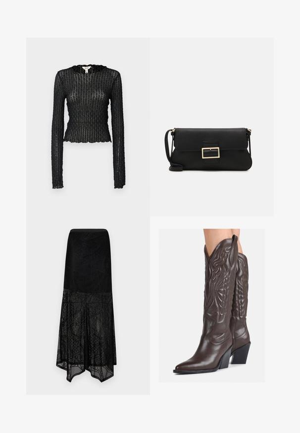 Svart langermet topp laget av teksturert blonder, med en bølget halslinje og tettsittende design med en kort silhuett.; Aware VMLOLLIE SKIRT - Maxiskjørt - black; Brune skinncowboystøvler med spiss tå og blokkhelt, med detaljerte sømmer og hevede detaljer på skaftet.; Svart lær clutch-veske med klaff og detalj i gullmetall. Inkluderer en svart stropp og et strømlinjeformet, minimalistisk design.