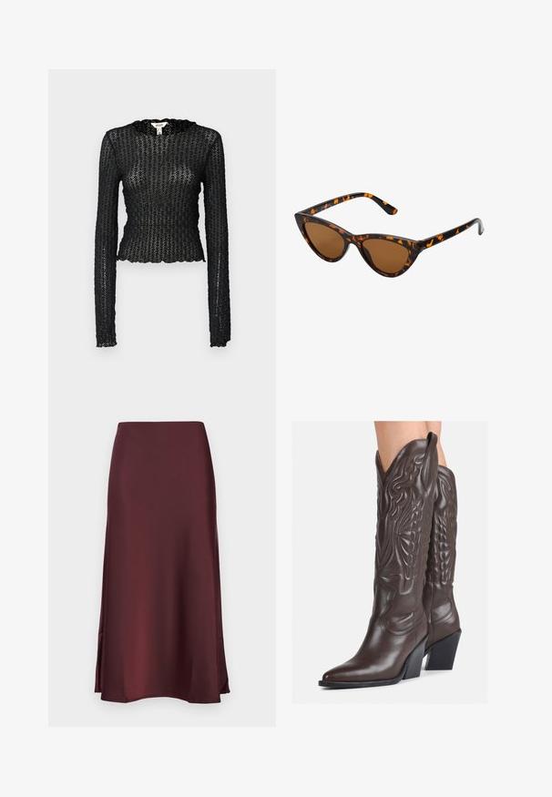 Must natukaga mustriga pitsist, millel on laineline kaelus ja sobiv disain, millel on lühike siluett.; YAS YASPELLA MIDI - A-lõikeline seelik - decadent chocolate; Pruunid nahast cowboy saapad terava varbaga ja plokk-kandaga, millel on detailne tikand ja kergelt tõstetud aktsendid varrel.; Kassi vormiga prillid musta ja oranži kilpkonnakujulise raami, pruunide läätsede ja elegantsete teravate otstega. Templi juures on minimaalne logo.