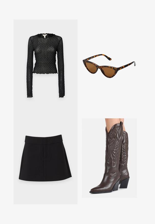 Must natukaga mustriga pitsist, millel on laineline kaelus ja sobiv disain, millel on lühike siluett.; Must mustriga, sobiva vöökohaga, volditud disainiga ja peidetud küljetaskutega. Valmistatud kergest kangast, millel on sile tekstuur.; Pruunid nahast cowboy saapad terava varbaga ja plokk-kandaga, millel on detailne tikand ja kergelt tõstetud aktsendid varrel.; Kassi vormiga prillid musta ja oranži kilpkonnakujulise raami, pruunide läätsede ja elegantsete teravate otstega. Templi juures on minimaalne logo.