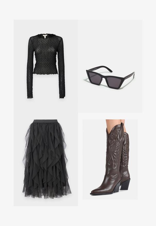 Svart langermet topp laget av teksturert blonder, med en bølget halslinje og tettsittende design med en kort silhuett.; Svart tyllskjørt med lagdelt, volangdesign. Har en elastisk midje og gjennomsiktig tekstur, som skaper en flytende silhuett.; Brune skinncowboystøvler med spiss tå og blokkhelt, med detaljerte sømmer og hevede detaljer på skaftet.; Svarte, kantete solbriller med grå linser; laget av plast, med tykke stenger som har en glatt overflate og ingen synlige festemidler.