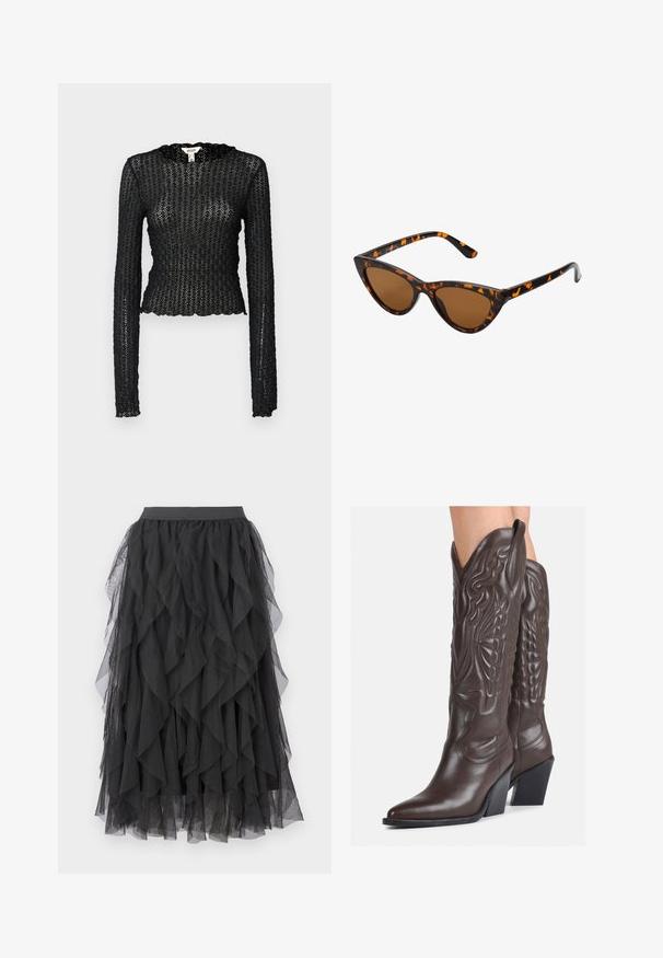 Fekete, hosszú ujjú felső textúrált csipkéből, fodros dekoltázzsal és testhez simuló, rövid szabással.; Fekete tüll szoknya réteges, fodros kialakítással. Rugalmas derékrésszel és áttetsző textúrával rendelkezik, ami légies sziluettet kölcsönöz.; Barna bőr cowboy csizmák hegyes orral és blokk sarkal, részletes varrással és kiemelkedő díszítésekkel a szárán.; Cica szemüveg fekete és narancssárga teknőc pánttal, barna lencsékkel és sima, hegyes végekkel. A templomán egy minimalista logó található.