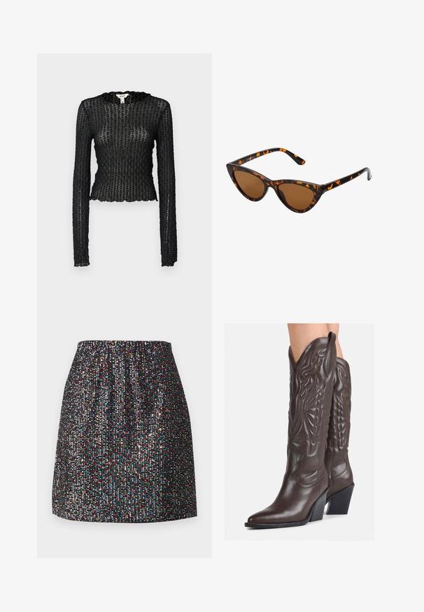 Melnas garām piedurknēm tops no teksturētas mežģīnes, ar ziedlapiņu kakla izgriezumu un pieguļošu dizainu ar īsu siluetu.; Melnā mini svārku, kas rotāta ar maziem, krāsainiem svītrojumiem, ar elastīgu jostasvietu, gludu tekstūru un taisnu siluetu.; Brūni ādas kovboju zābaki ar norādītu purngalu un blokveida papēdi, ar detalizētu šūšanu un paceltiem akcentiem uz kājas daļas.; Kaķa acs saulesbrilles ar melnu un oranžu bruņurupuču rakstu rāmi, brūnām lēcām un elegantiem, norādītiem galiem. Rāmī ir minimālists logos uz tempļa.