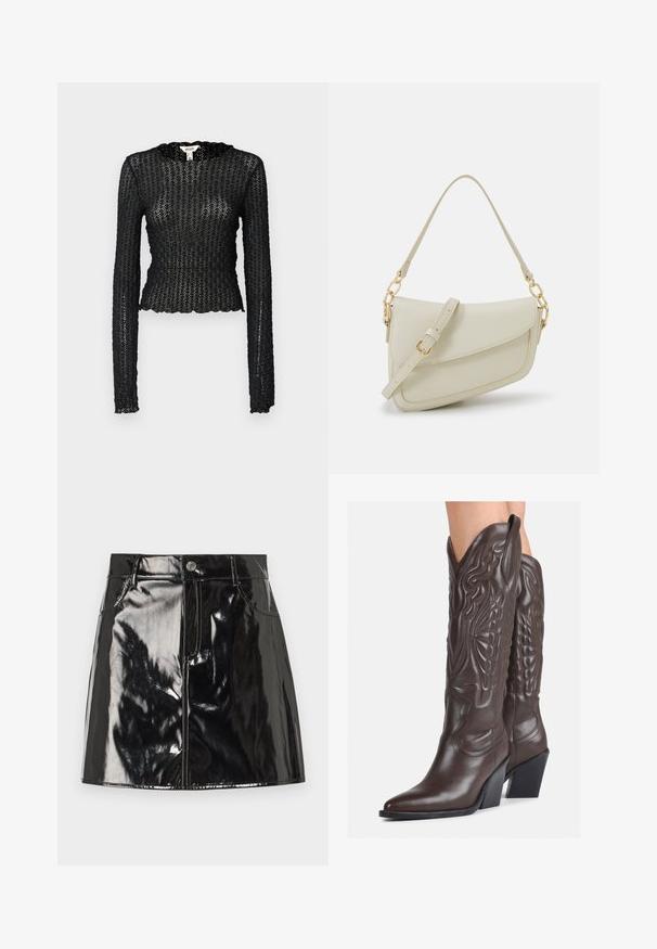 Black long-sleeve top made of textured lace, featuring a scalloped neckline and fitted design with a cropped silhouette.; Black patent mini skirt with a glossy finish, featuring a button closure, belt loops, and front pockets for added detail.; Brown leather cowboy boots with pointed toe and block heel, featuring detailed stitching and raised accents on the shaft.; Small cream handbag with a textured finish, a long adjustable strap, a chain accent, and a flap closure. Gold hardware detailing.