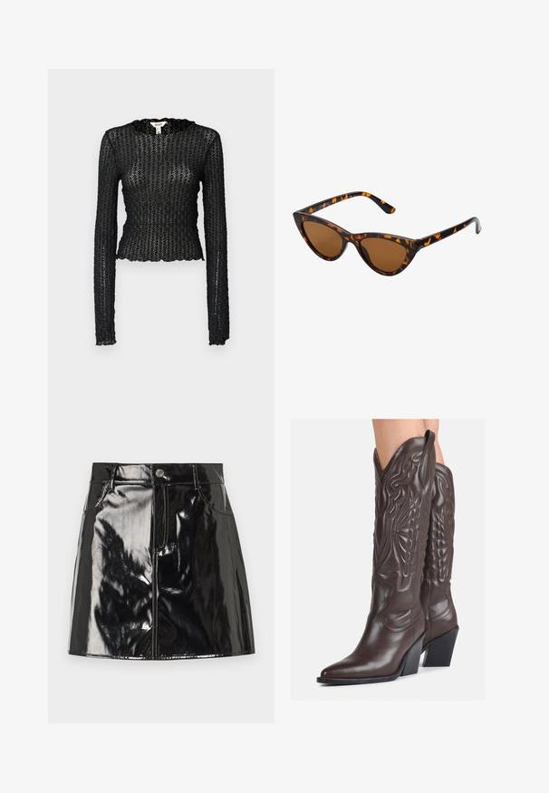 Juodas ilgomis rankovėmis viršus, pagamintas iš tekstūruoto nėrinių, su išpjovimu kakle ir prigludusia siluetu, turinčiu trumpa palaidinuko forma.; Juodas patentuotas mini sijonas su blizgiu paviršiumi, su mygtuko užsegimu, diržo kilpomis ir priekinėmis kišenėmis, suteikiančiomis papildomų detalių.; Rudos odinės kaubojaus batai su smailiu priekiu ir blokuotu kulnu, pasižymintys detaliu siuvinėjimu ir iškiliais akcentais ant ašies.; Katės akies saulės akiniai su juodu ir oranžiniu šarvuotu rėmeliu, ruda objektyvu ir elegantiškais, smailiais galiukais. Rėmelyje yra minimalus logotipas ant šventės.