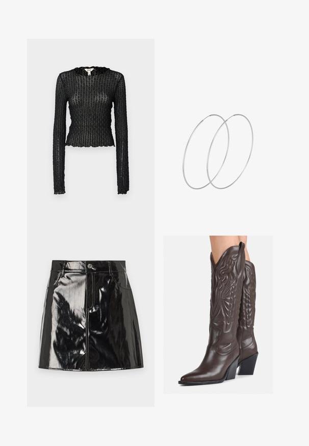 Črn dolg rokav vrh, izdelan iz teksturirane čipke, s skodranim izrezom in prilegajočim krojem ter skrajšano silhueto.; Črna lakasta mini krila z sijočo obdelavo, ki vključuje zapiranje na gumb, zanke za pas in sprednje žepke za dodatne podrobnosti.; Rjave usnjene kavbojske čevlje z ostrim nosom in blok peto, ki vsebujejo podrobno šivanje in dvignjene dodatke na zgornjem delu.; Srebrne uhane v obliki obroča z minimalističnim dizajnom. Krožna oblika, gladka tekstura in tanek profil. Lahki s poliranim zaključkom.