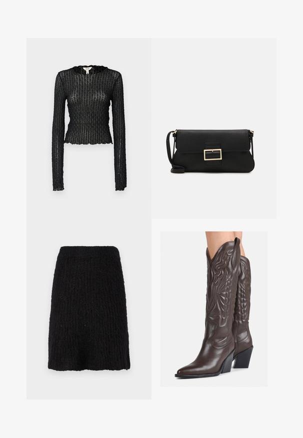 Melnas garām piedurknēm tops no teksturētas mežģīnes, ar ziedlapiņu kakla izgriezumu un pieguļošu dizainu ar īsu siluetu.; Melnā adīta svārku ar teksturētu rakstu, vidēja garuma un plašu jostu. Materiāls izskatās mīksts ar nedaudz spalvainu virsmu.; Brūni ādas kovboju zābaki ar norādītu purngalu un blokveida papēdi, ar detalizētu šūšanu un paceltiem akcentiem uz kājas daļas.; Melnas ādas saķeres soma ar atloku un zelta metāla sprādzi. Ietver melnu siksnu un elegantu, minimālistisku dizainu.