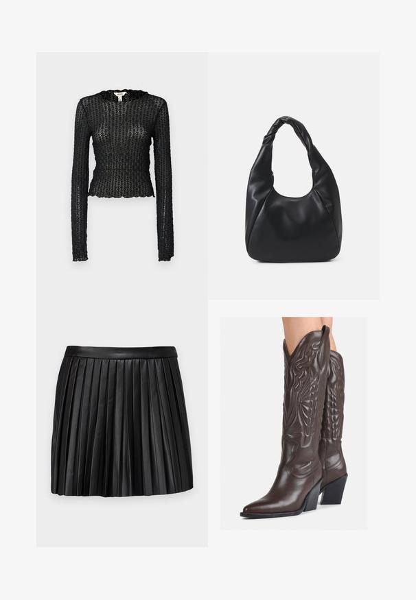 Top preto de manga longa, feito de renda texturizada, apresentando um decote em scallop e um design ajustado com uma silhueta curta.; Saia mini plissada de couro preto com uma cintura lisa, apresentando pregas verticais e um design limpo e estruturado.; Botas de cowboy em couro castanho com bico pontudo e salto quadrado, apresentando costuras detalhadas e realces elevados no cano.; Saco hobo preto feito de um material semelhante a couro liso, com uma alça torcida, apresentando uma forma suave e arredondada e um fecho superior em zip.