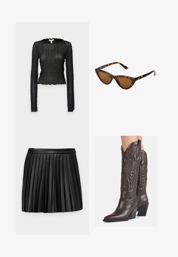 Must natukaga mustriga pitsist, millel on laineline kaelus ja sobiv disain, millel on lühike siluett.; Must mustrukkidega mini seelik mustast nahast, millel on sile vöökoht, vertikaalsed pleatid ja puhas, struktureeritud disain.; Pruunid nahast cowboy saapad terava varbaga ja plokk-kandaga, millel on detailne tikand ja kergelt tõstetud aktsendid varrel.; Kassi vormiga prillid musta ja oranži kilpkonnakujulise raami, pruunide läätsede ja elegantsete teravate otstega. Templi juures on minimaalne logo.