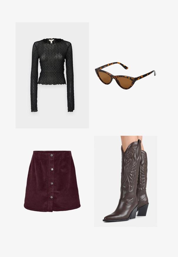 Crni dolgi rukav majica od teksturirane čipke, s valovitim izrezom i prilagođenim dizajnom s skraćenim siluetom.; Bordo korduroj mini suknja s A-silhouette dizajnom, s pet srebrnih dugmadi sprijeda i suptilnom rebrastom teksturom.; Smeđe kožne kauboj čizme s šiljastim vrhom i blok-potpeticom, s detaljno izvezenim šavovima i uzdignutim naglascima na okovu.; Sunglasses u obliku mačjih očiju s okvirom u crno-narančastom kornjačevom uzorku, smešnim lećama i elegatnim, šiljastim vrhovima. Sadrži minimalni logo na dršci.