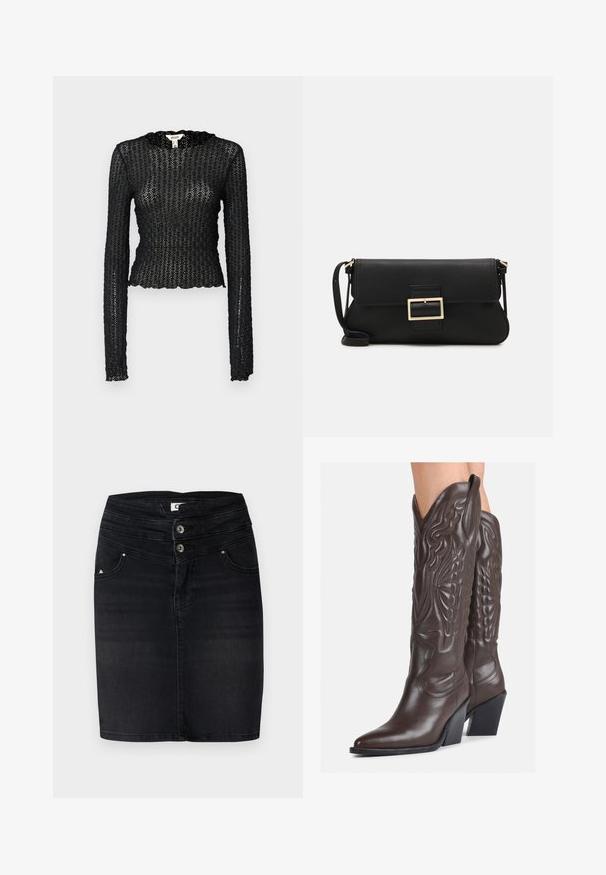 Black long-sleeve top made of textured lace, featuring a scalloped neckline and fitted design with a cropped silhouette.; Black denim skirt featuring a fitted design, two buttons at the waist, and front pockets with a subtle logo detail on the side.; Brown leather cowboy boots with pointed toe and block heel, featuring detailed stitching and raised accents on the shaft.; Black leather clutch bag with a flap and a gold metal buckle detail. Includes a black strap and a sleek, minimalist design.