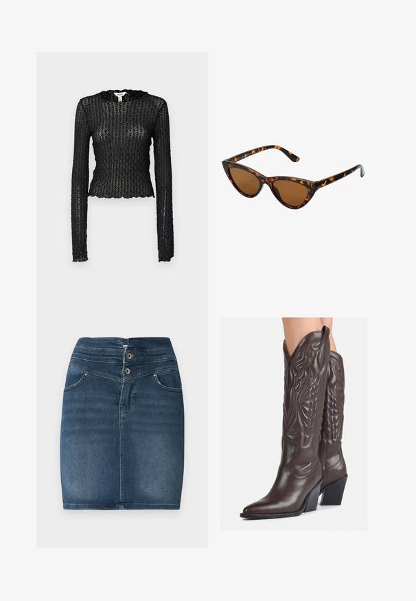 Čierny top s dlhými rukávmi, vyrobený z textúrovanej čipky, s volánovým výstrihom a priliehavým strihom v skrátenej siluete.; Džínová mini sukňa v tmavomodrej farbe s dvojitým zapínaním, dizajnom s piatimi vreckami a rovný strih. Má hladkú textúru a minimálne vyšúchanie.; Hnedé kožené kovbojské topánky s špicatou špičkou a blokovým podrážkou, so zložitým prešívaním a vyvýšenými akcentmi na puzdre.; Mačacie slnečné okuliare s čiernym a oranžovým želvovinovým rámom, hnedými sklami a elegantnými, špicatými koncami. Obsahujú minimalistické logo na spánku.; Čierna kožená clutch taška s klopou a zlatým kovovým detailom s prackou. Obsahuje čierny remienok a elegantný, minimalistický dizajn.