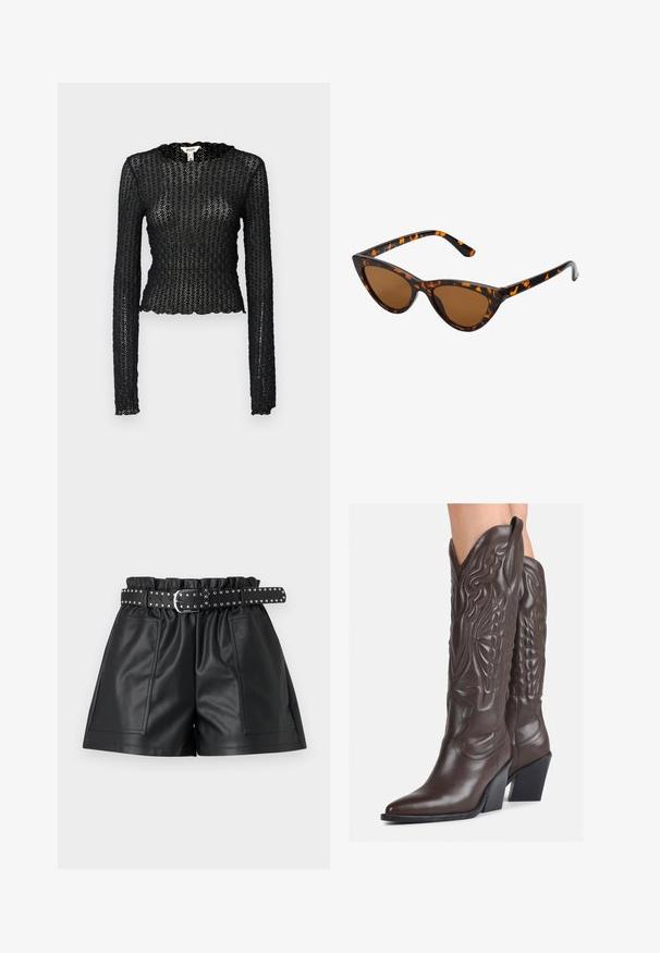 Juodas ilgomis rankovėmis viršus, pagamintas iš tekstūruoto nėrinių, su išpjovimu kakle ir prigludusia siluetu, turinčiu trumpa palaidinuko forma.; JDY JDYMAYA - Šortai - black; Rudos odinės kaubojaus batai su smailiu priekiu ir blokuotu kulnu, pasižymintys detaliu siuvinėjimu ir iškiliais akcentais ant ašies.; Katės akies saulės akiniai su juodu ir oranžiniu šarvuotu rėmeliu, ruda objektyvu ir elegantiškais, smailiais galiukais. Rėmelyje yra minimalus logotipas ant šventės.