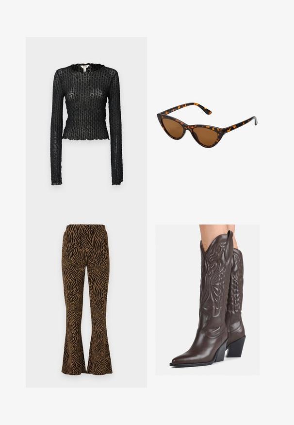 Haut noir à manches longues en dentelle texturée, présentant un col festonné et un design ajusté avec une silhouette courte.; Pantalons évasés dans un motif zèbre noir et or, fabriqués dans un matériau texturé. Dotés d'une taille extensible et atteignant la cheville.; Bottes de cowboy en cuir marron avec un bout pointu et un talon bloc, présentant des coutures détaillées et des accents en relief sur la tige.; Lunettes de soleil style œil de chat avec une monture en écaille de tortue noire et orange, verres marron et pointes effilées et élégantes. Présente un logo minimaliste sur la branche.
